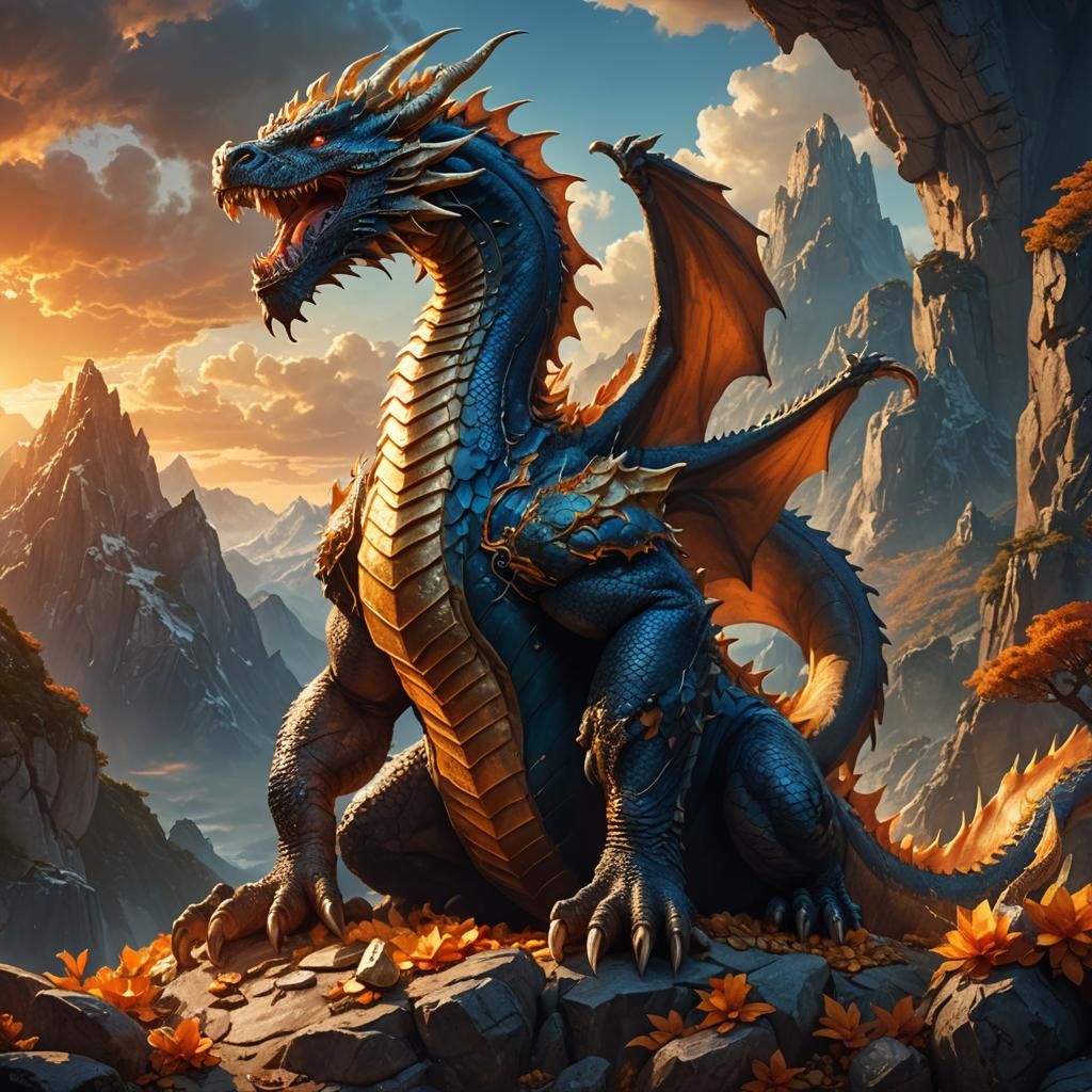 Fantasy Dragon on Treasure Mountain in Digital Painting