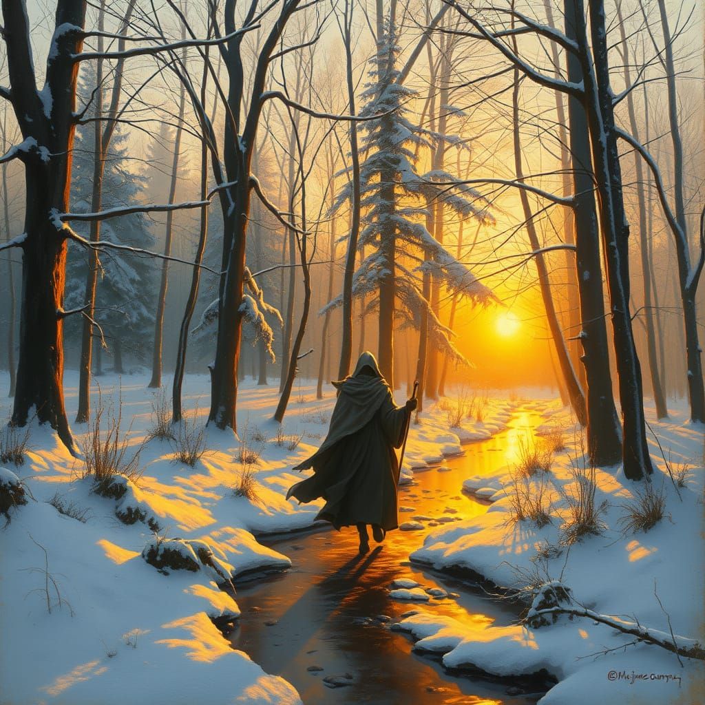 Spectral Spirit in Winter Forest, Impressionist Style