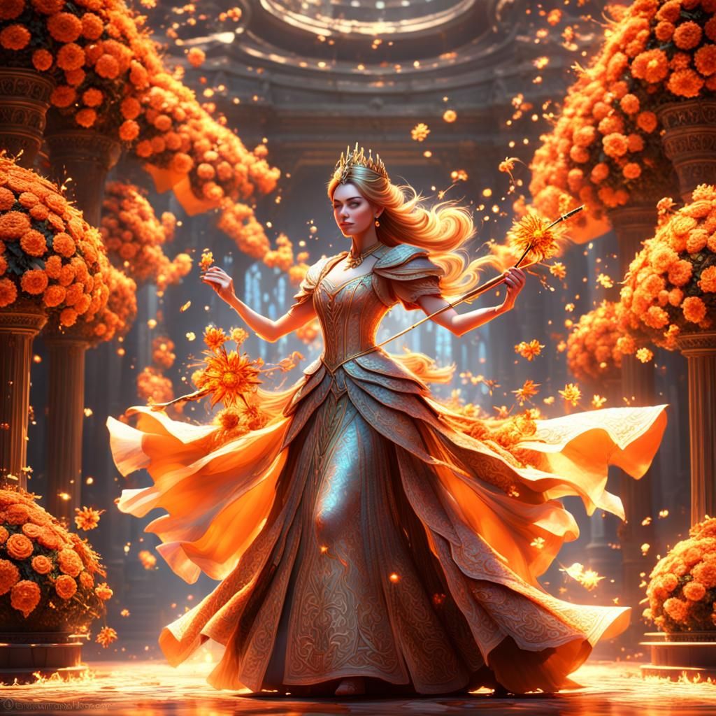 Princess Creates Orange Flowers with Magic Wand