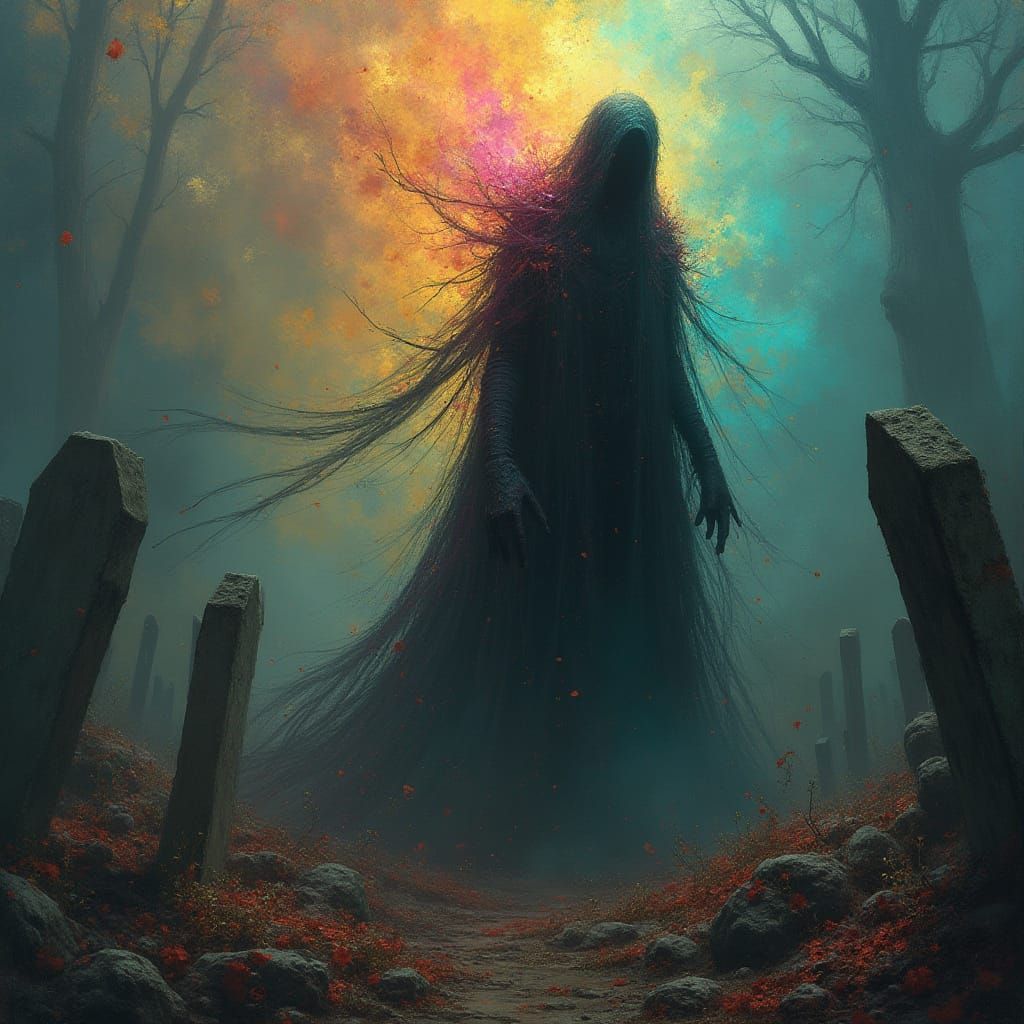 Surreal Ghost Shines in Haunted Cemetery Mosaic