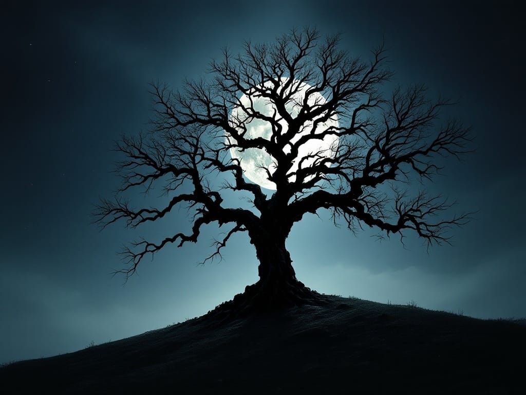 Moonlit Tree Silhouette in a Dark, Ethereal Landscape