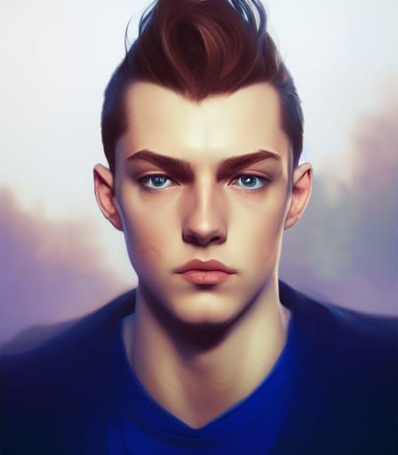 Hyperdetailed Portrait of Blue-Eyed Youth in Art Nouveau Sty...