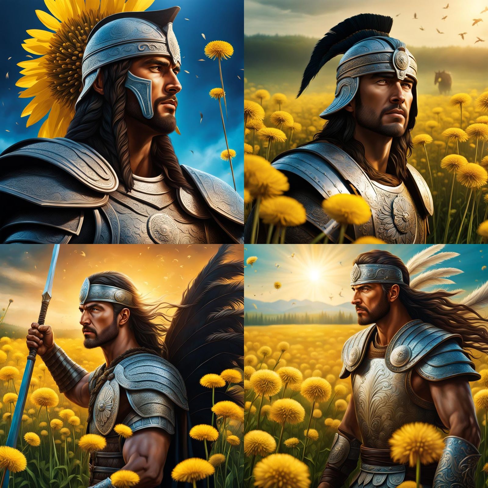 Dacian Warrior in Dandelion Field: Hyperrealistic Splash Art