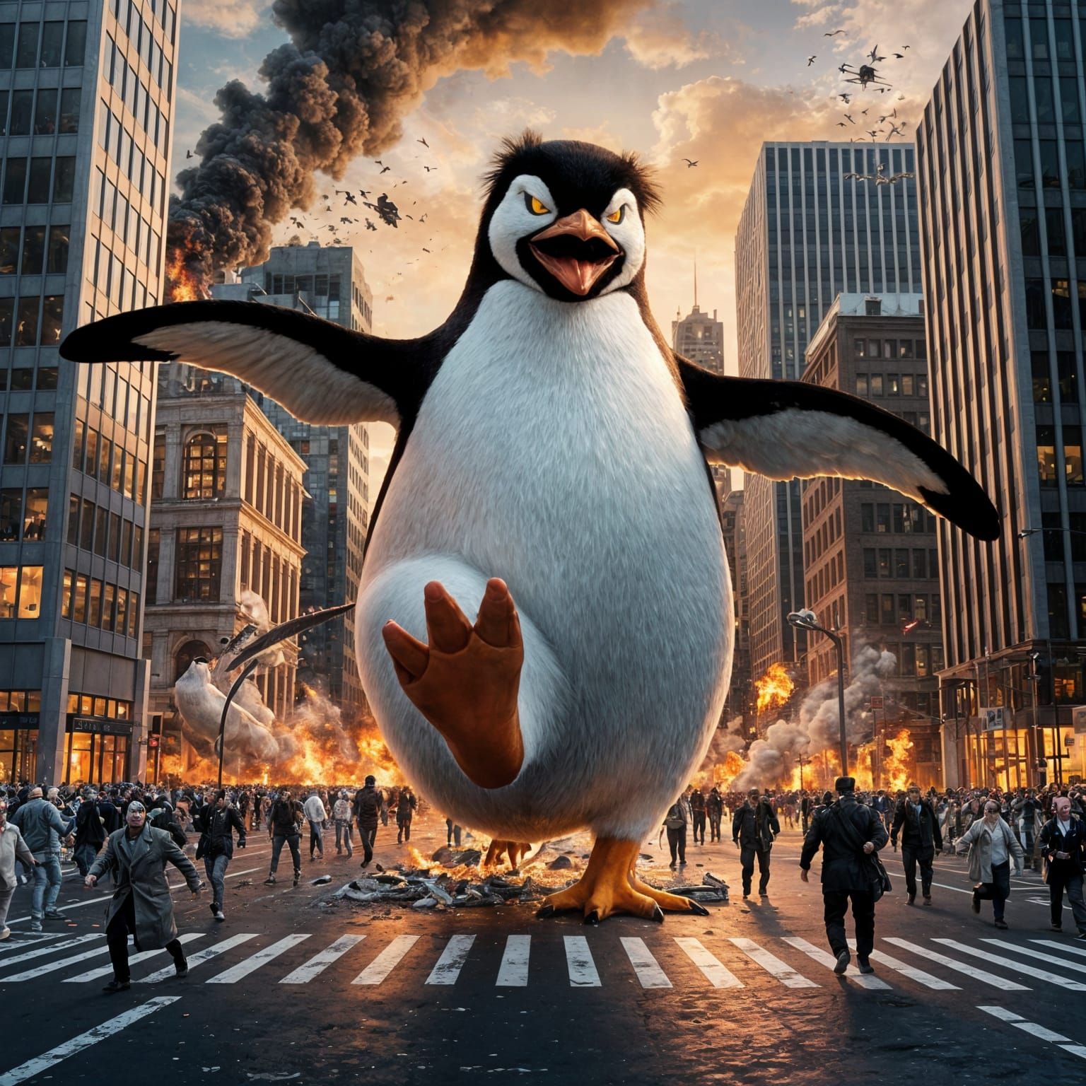 Giant Penguin Rampages Through Modern City in Cyberpunk Apoc...