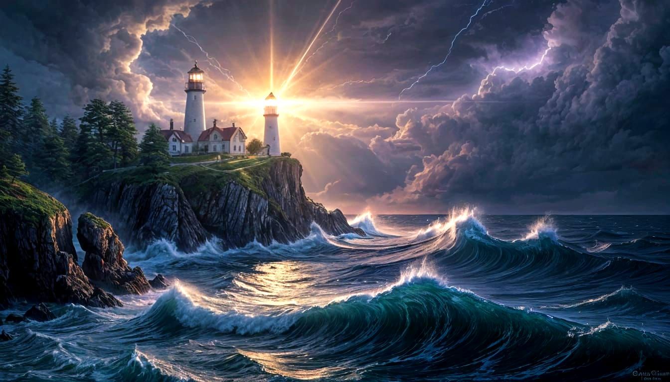 Hyperrealistic Lighthouse Guiding Ships Through Storm