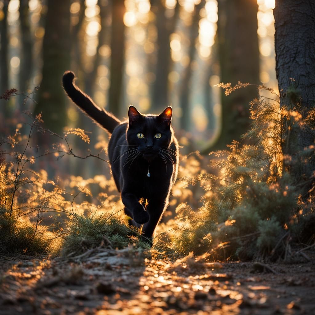 Black Cat in Woodland at Golden Hour
