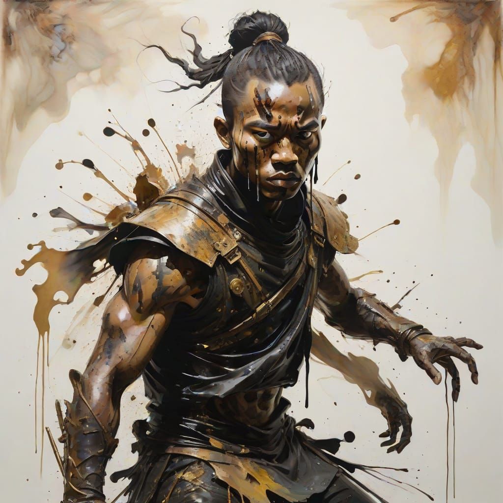 Asian Warrior Goddess in Motion, Layered Drip Painting