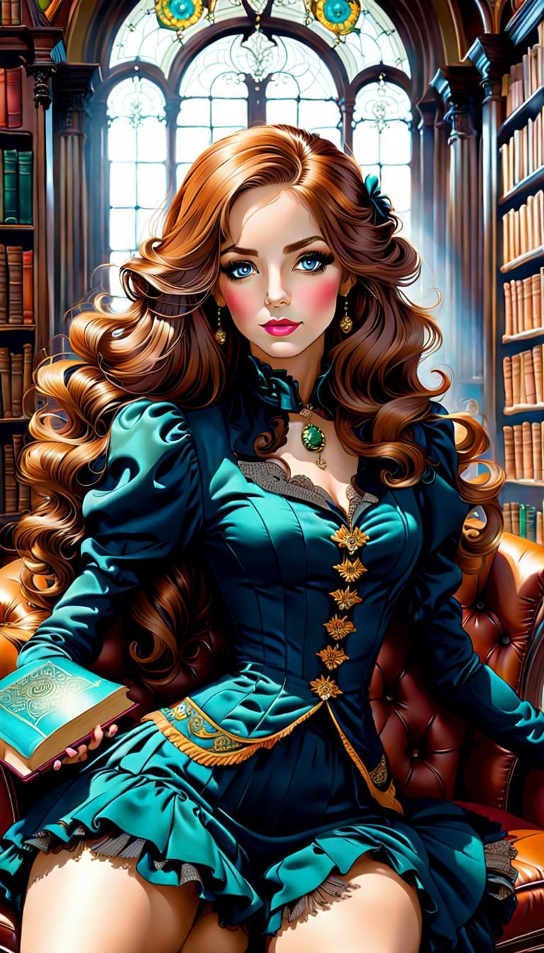 Victorian Vixen Lounging in Library with Coffee