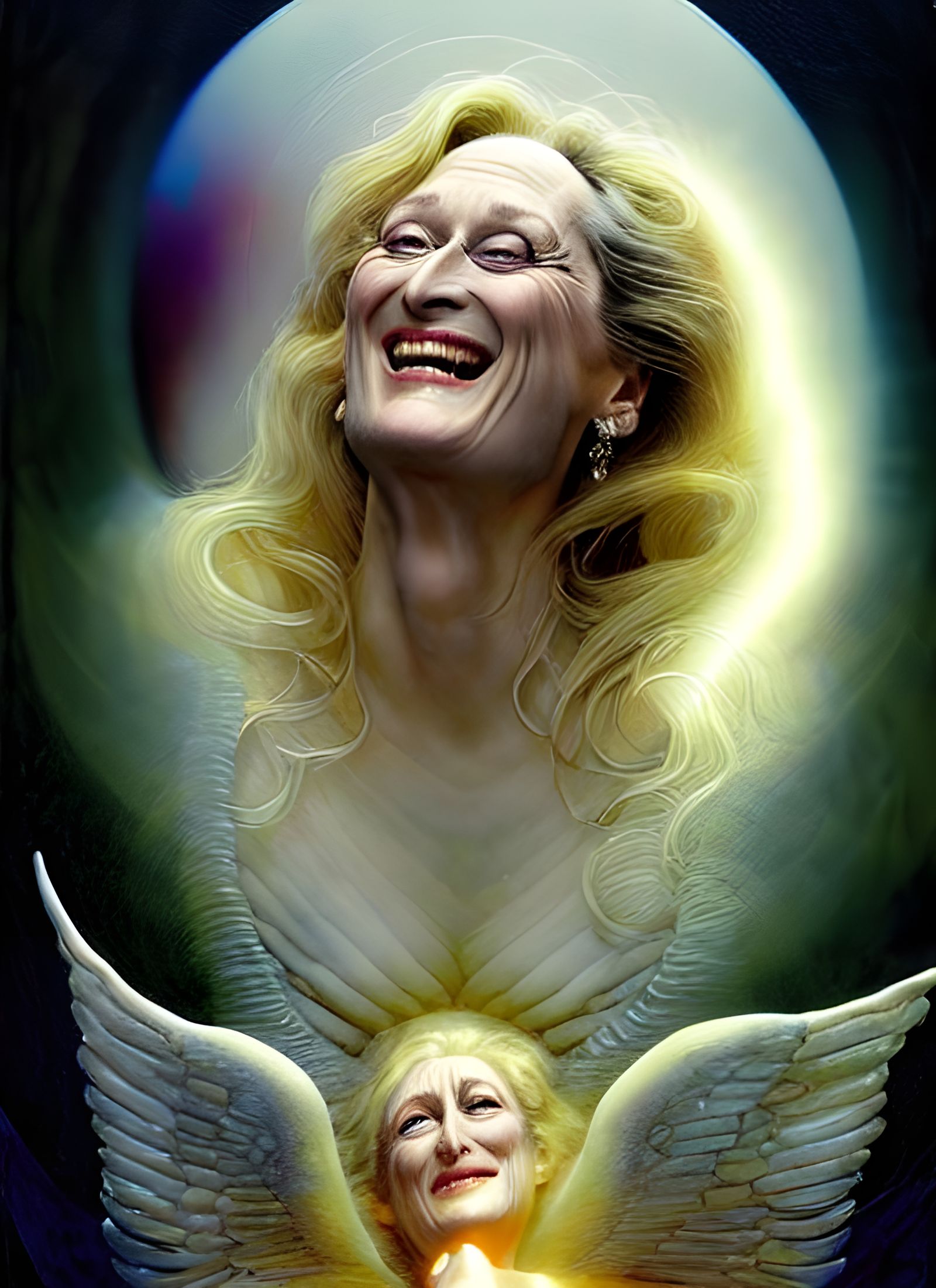 Heavenly Oracle Meryl Streep: Cartoonish Ethereal Portrait