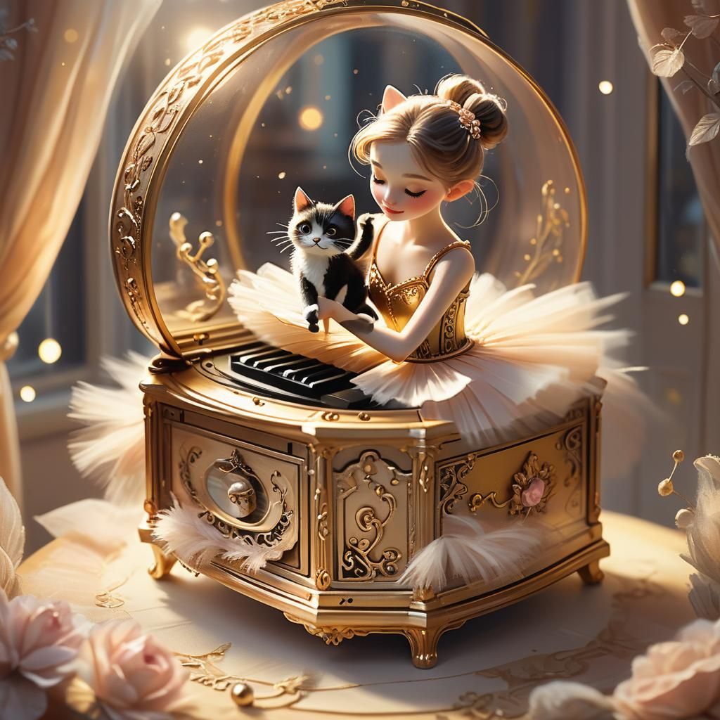 Ballerina and Cat in Music Box: Whimsical Concept Art