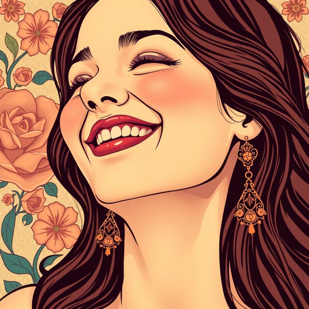 Woman Laughing in Art Nouveau Style