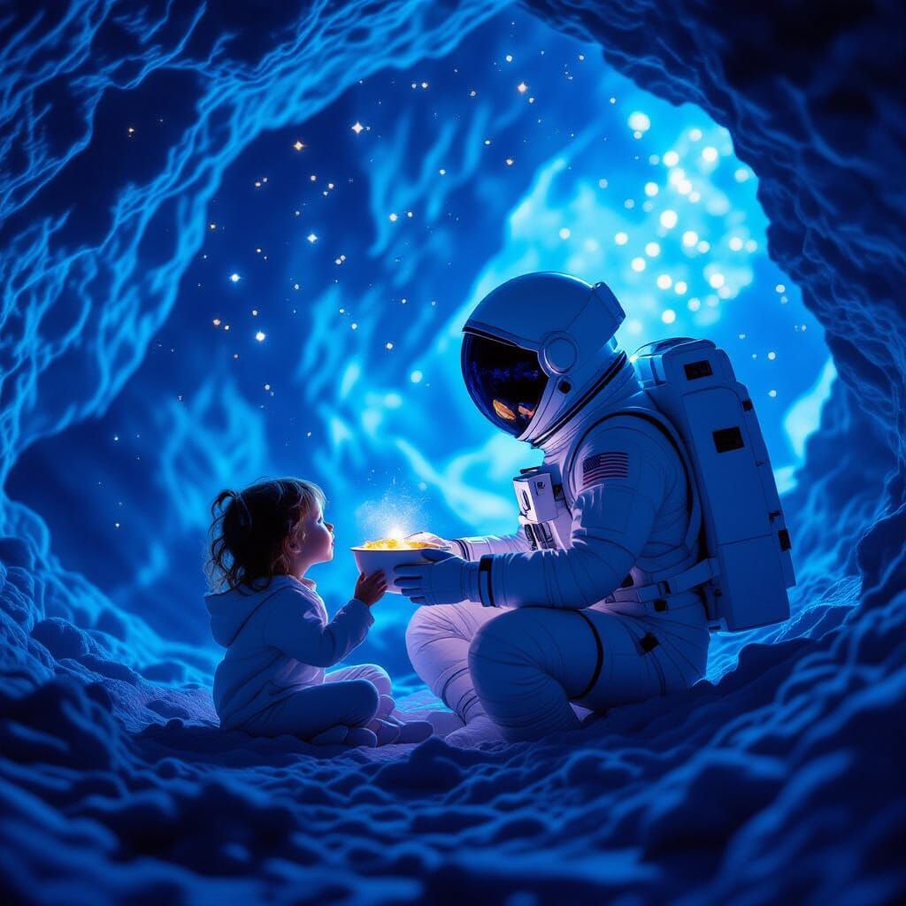 Astronaut Family in Bioluminescent Cave, Dreamcore Style