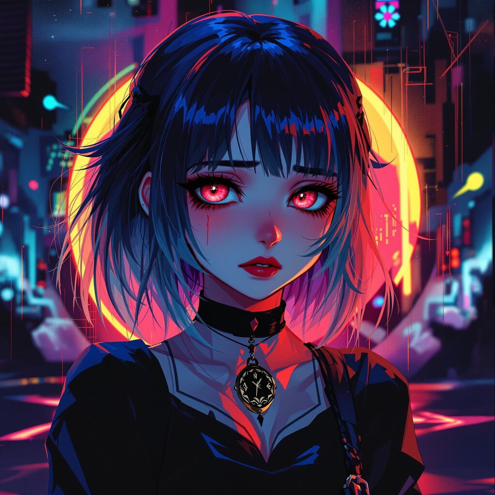 Anime Woman Portrait in Dark Neon Style