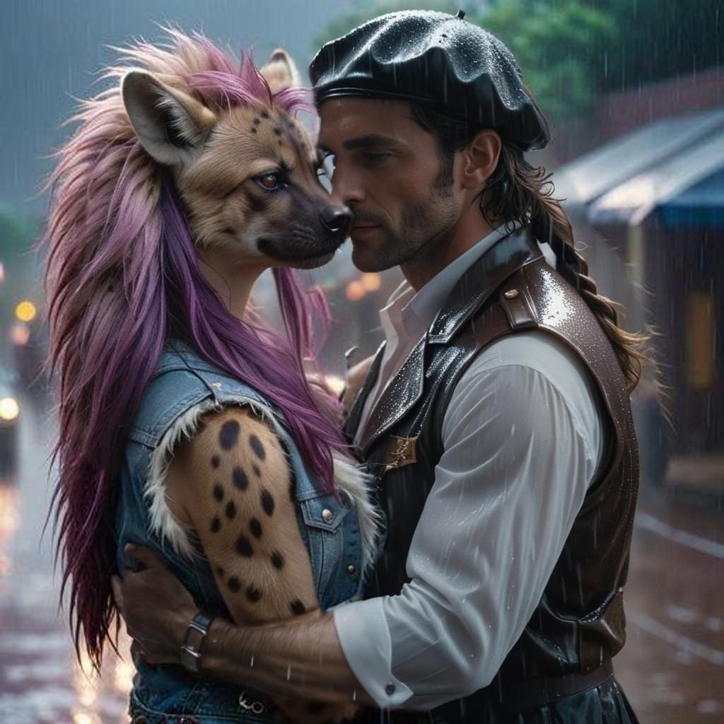 Muscular Man Embraces in Rainstorm: Photorealistic Furry Art