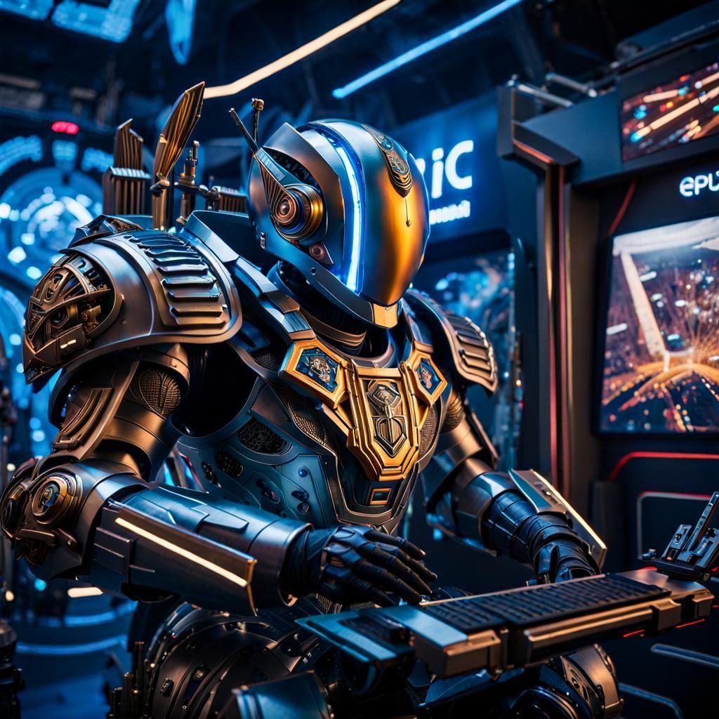 Cyberpunk Knight Navigator in Robot Head, Digital Art