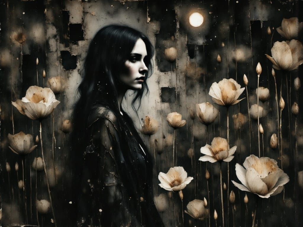 Ethereal Gothic Woman Portrait in Watercolor and Ink