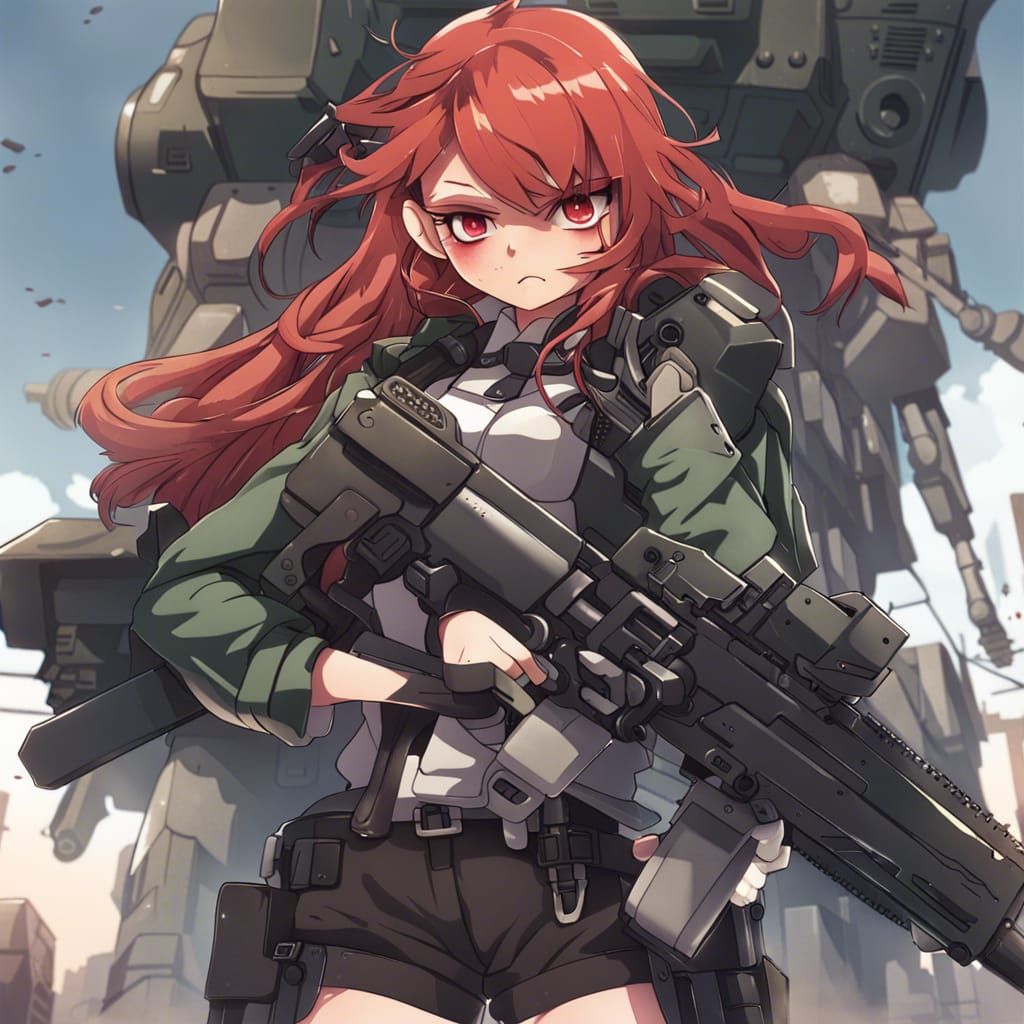 Anime Girl with Machine Gun and Mecha Tank