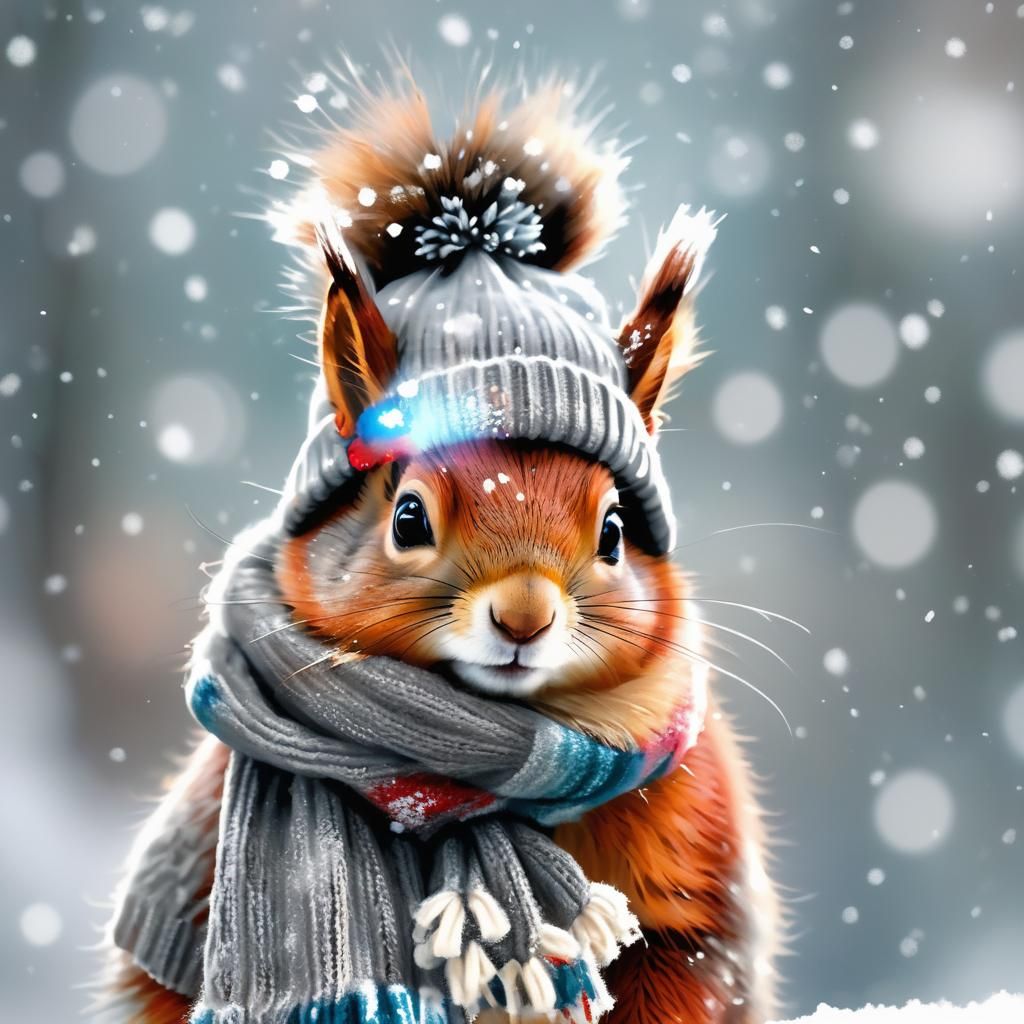 Squirrel's Winter Portrait in a Dreamy Snowfall