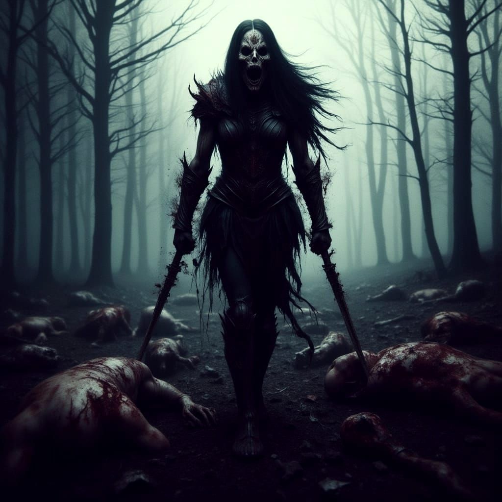 Warrior Woman's Macabre Battle Cry on Doomed Field