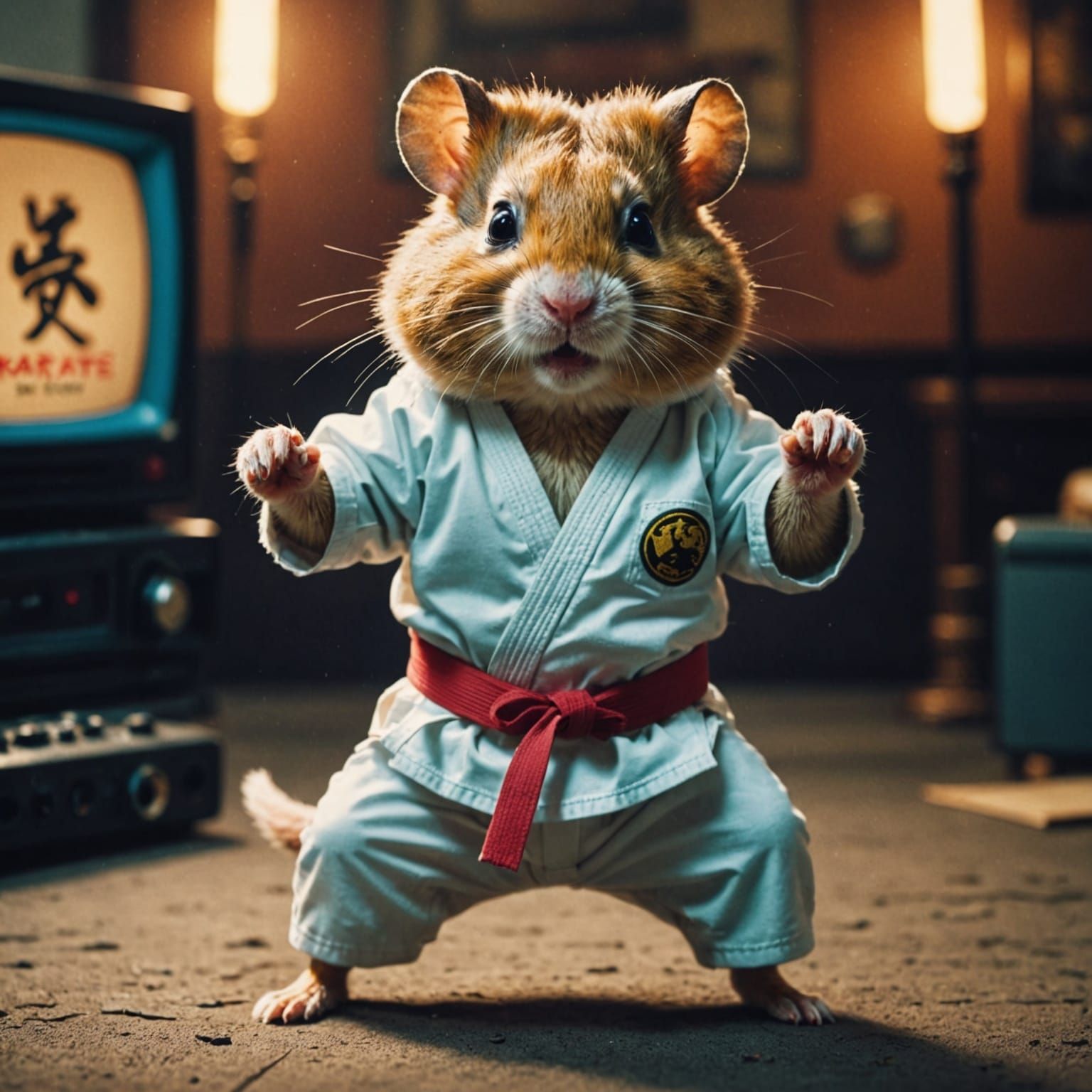 Karate hamster in action pose, 'Karate Rodent' as an 80s movie poster, VHS grain effect. 8K resolution HDR filmic dynami...
