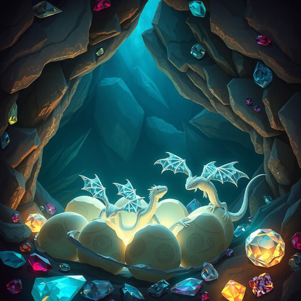 Dragon Eggs Hatching in a Crystal Cave of Ancient Jewels