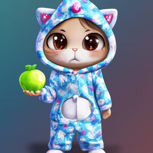 Chibi Cat in Pajamas with Apple: Digital Illustration