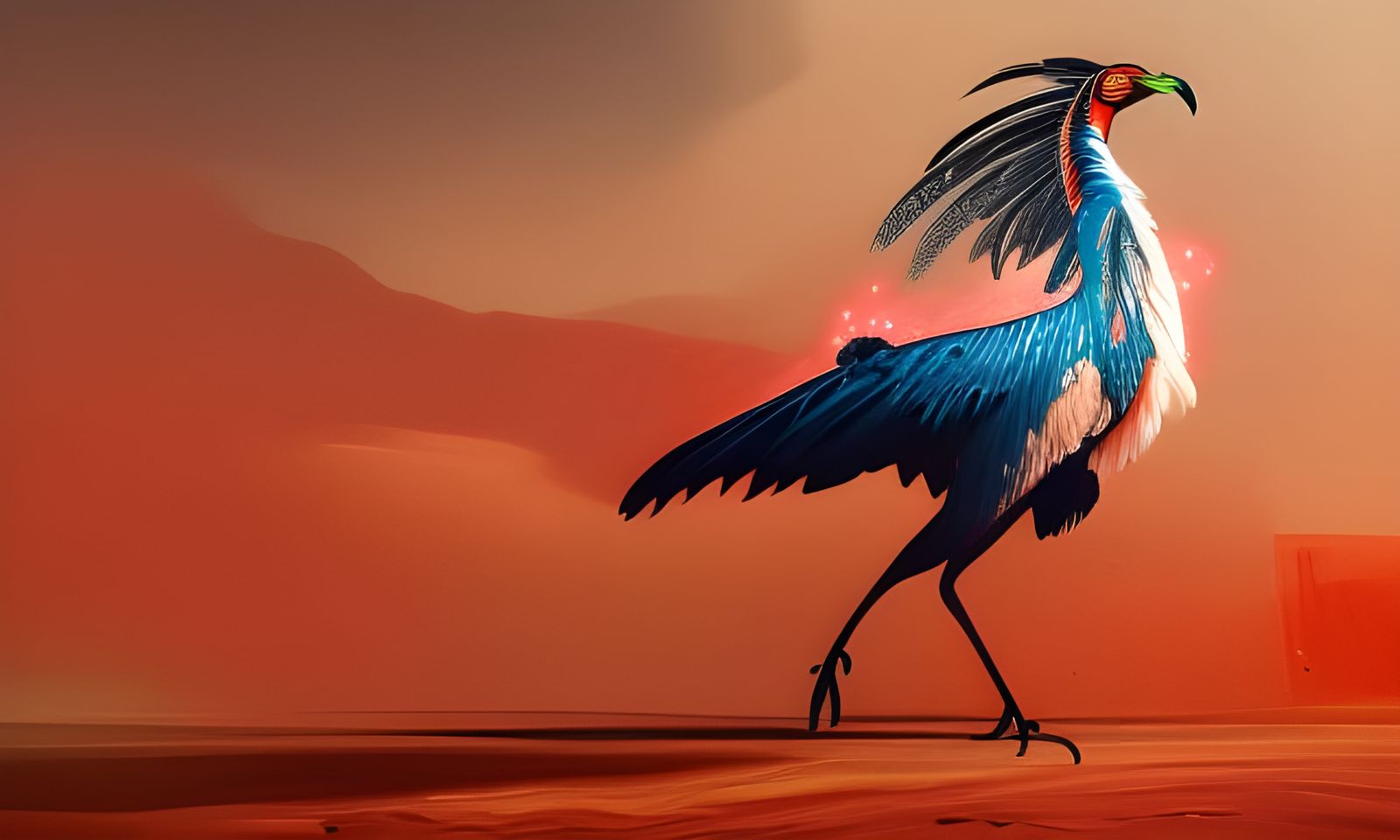 Neon-winged Secretarybird in Dark Fantasy Style