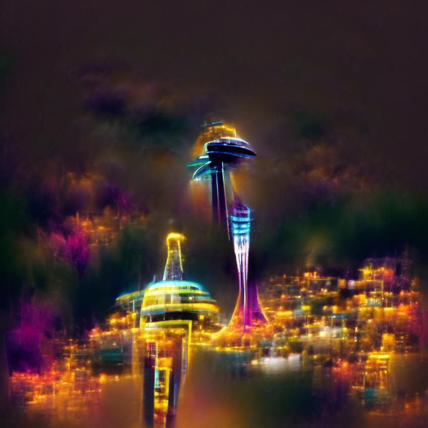 Space Needle in Seattle at night with illuminated buildings ...