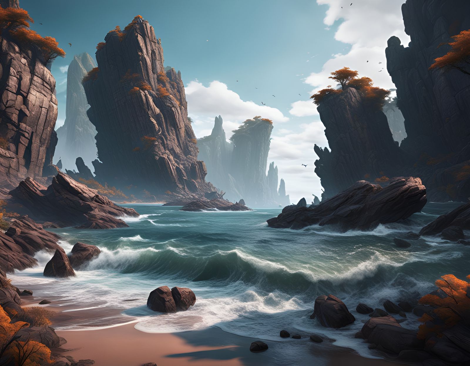 Beautiful Rocky Shoreline in Detailed Matte Painting
