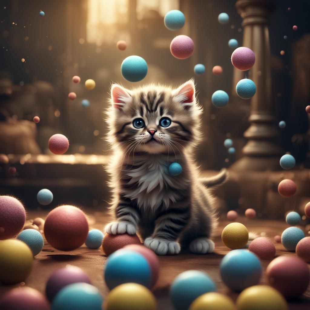 Fluffy Kitten Plays: A Detailed Digital Painting