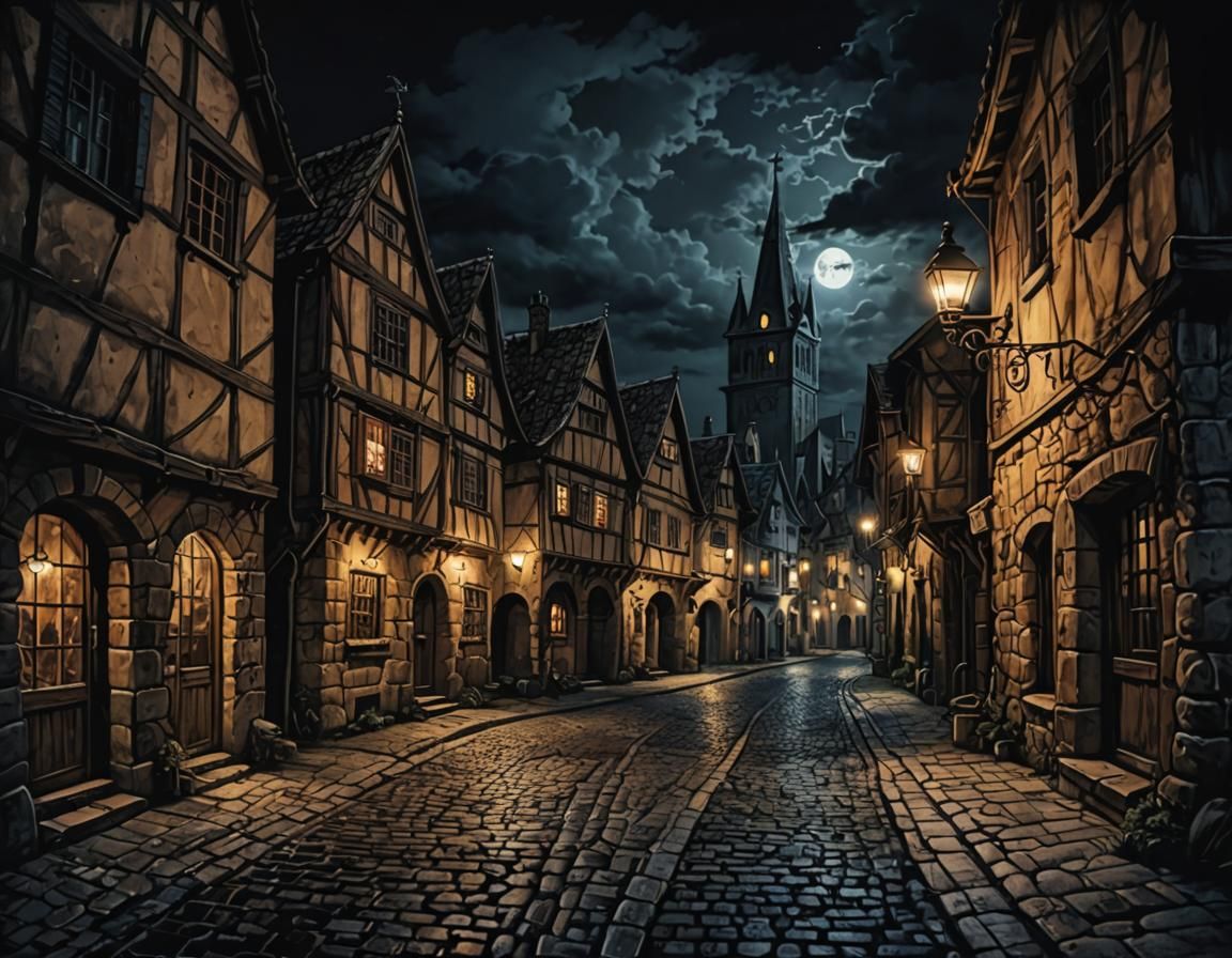 Mystical Night Scene in Medieval Town