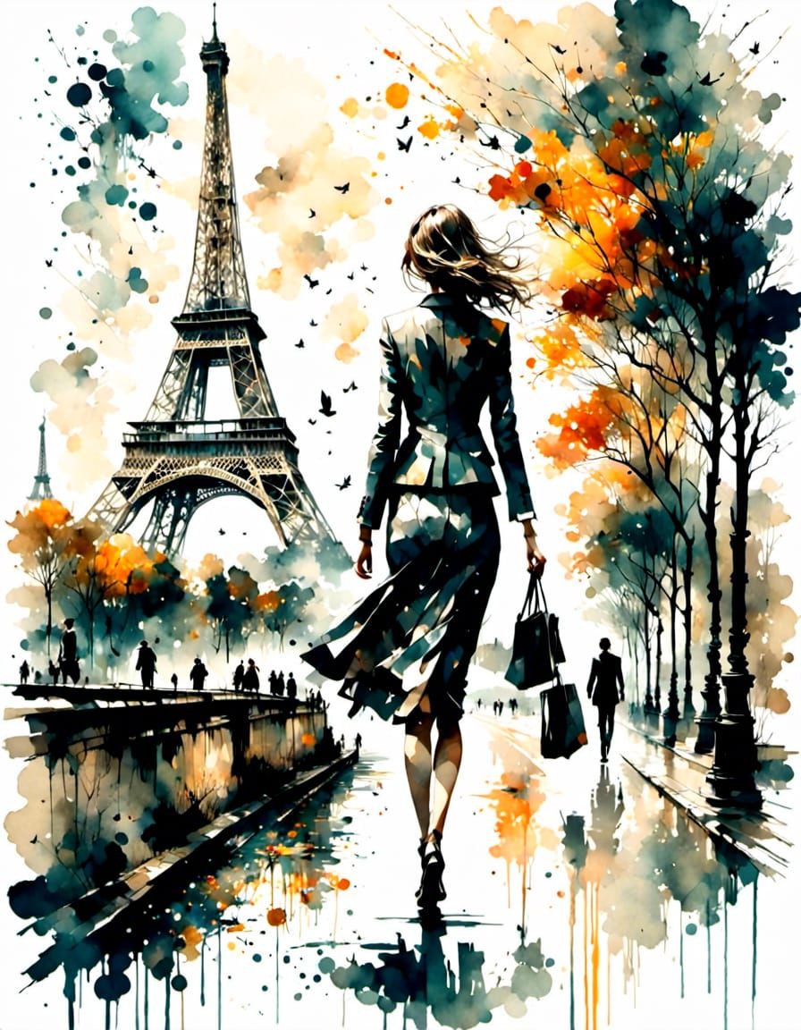 Eiffel Tower Scene in Antique Watercolor Style