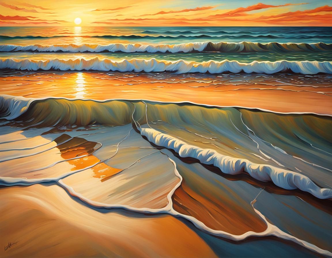 Surreal Beach Sunset in Oil Painting Style