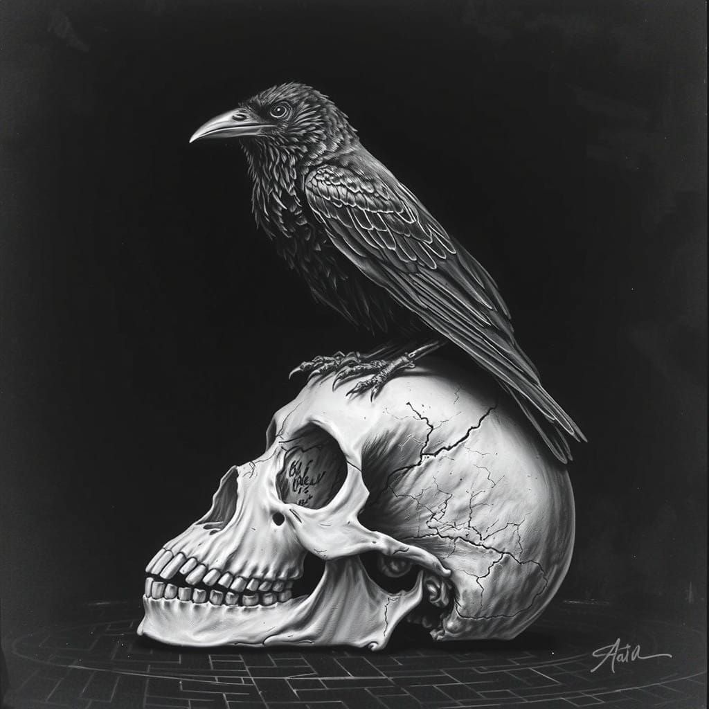 Majestic Crow Perched on a Weathered Human Skull in a Moody,...