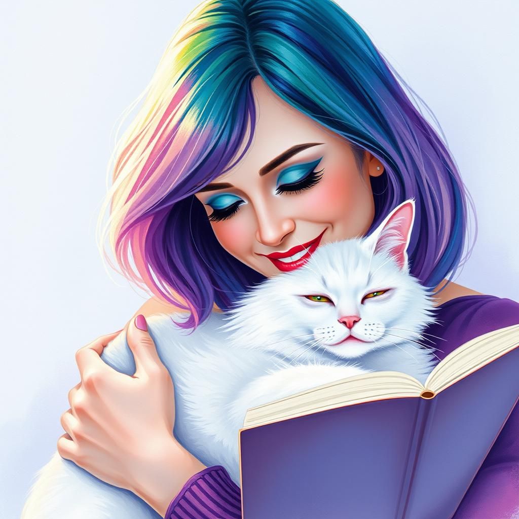 Woman with Rainbow Hair and White Cat