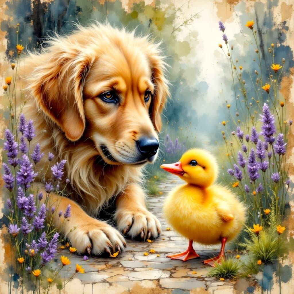 Golden Retriever and Duckling in Watercolor Grunge