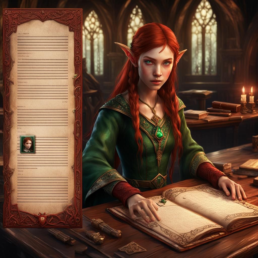 A red file which is open of a brown desk. A page has a small...
