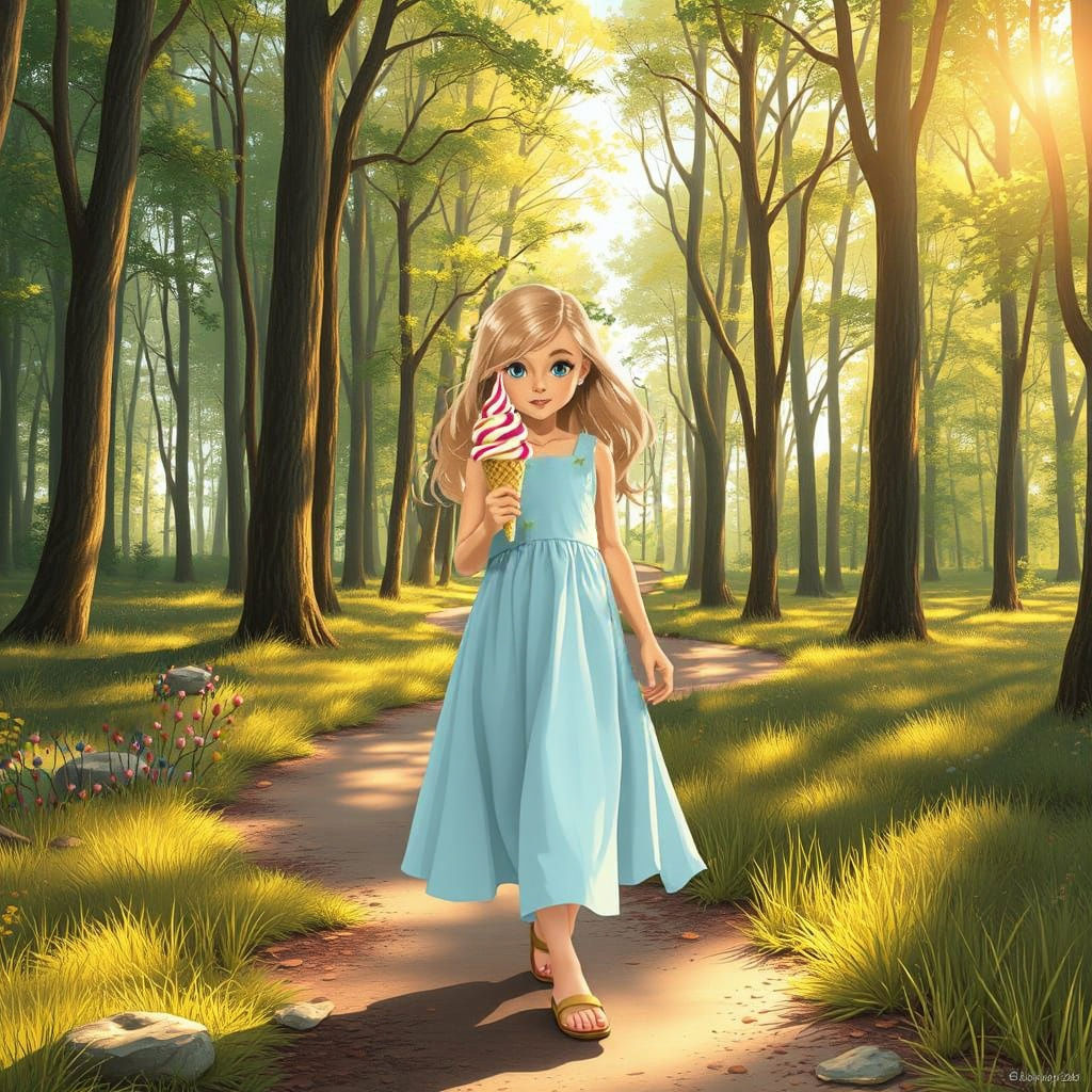 Young Blonde Girl in Sunlit Forest Clearing