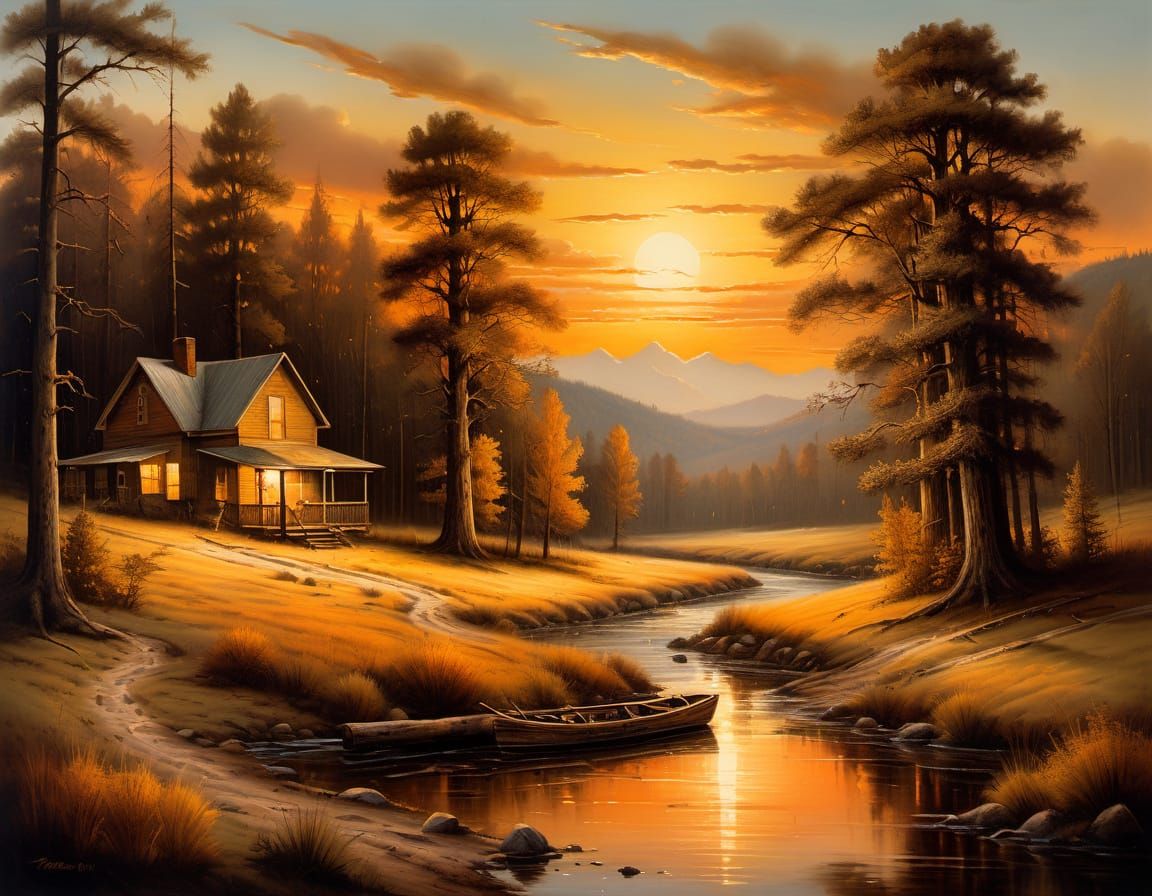 Tranquil River Scene with Campfire in Romantic Realism Style