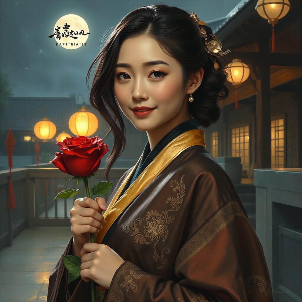 Korean Courtesan in Moonlit Courtyard: Impressionistic Style