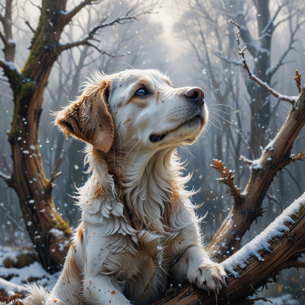 Ethereal Puppy Catches Snowflakes in Pre-Raphaelite Style