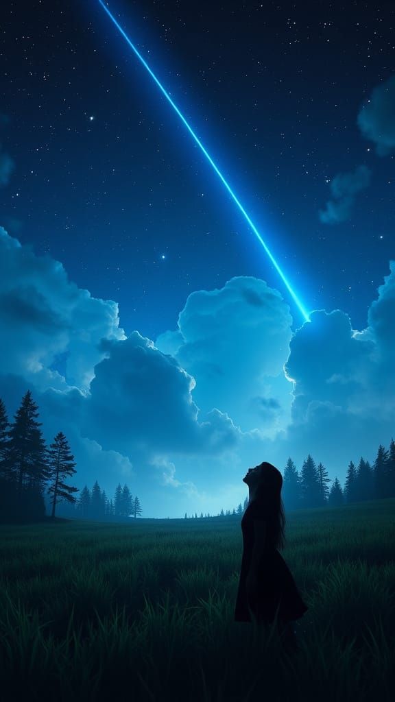 Ethereal Nighttime Scene with Woman Gazing at Shooting Star