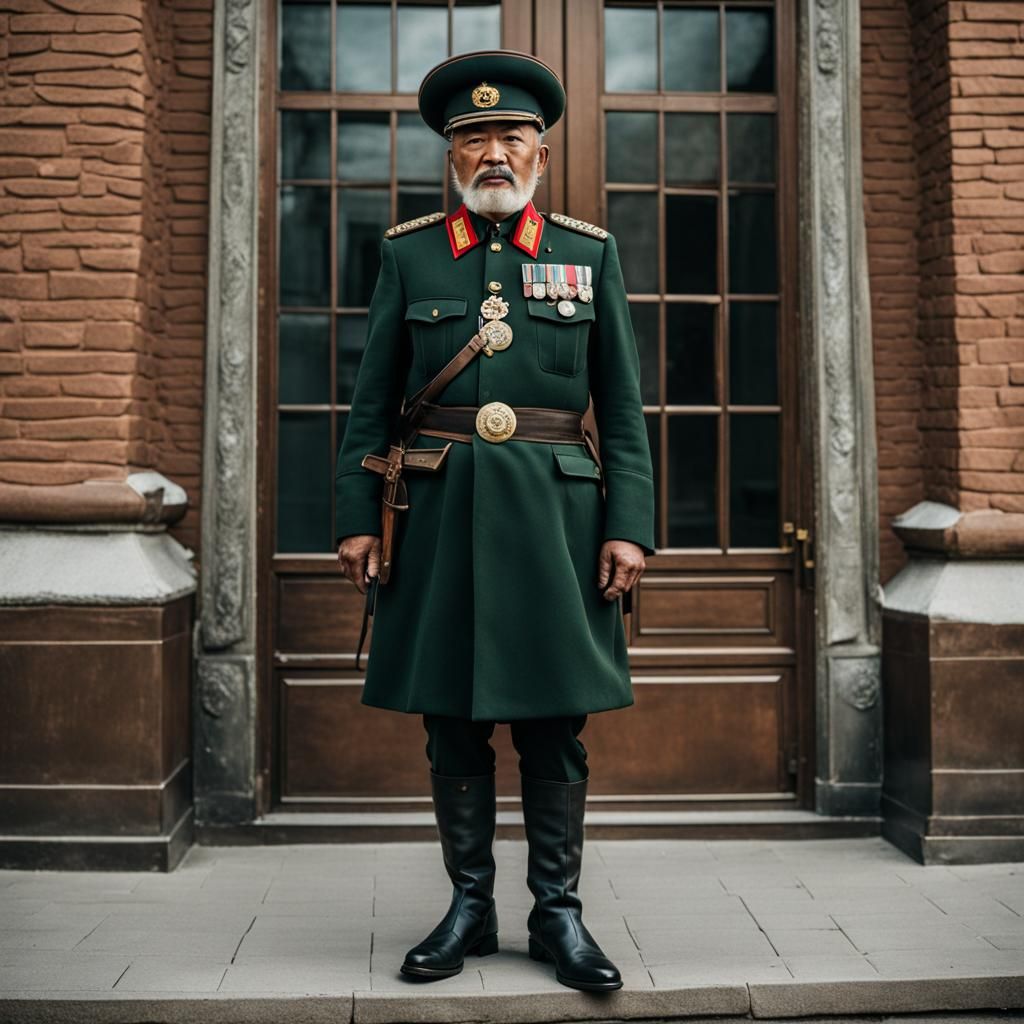 Kazakh Man in Soviet Uniform Outside Bank
