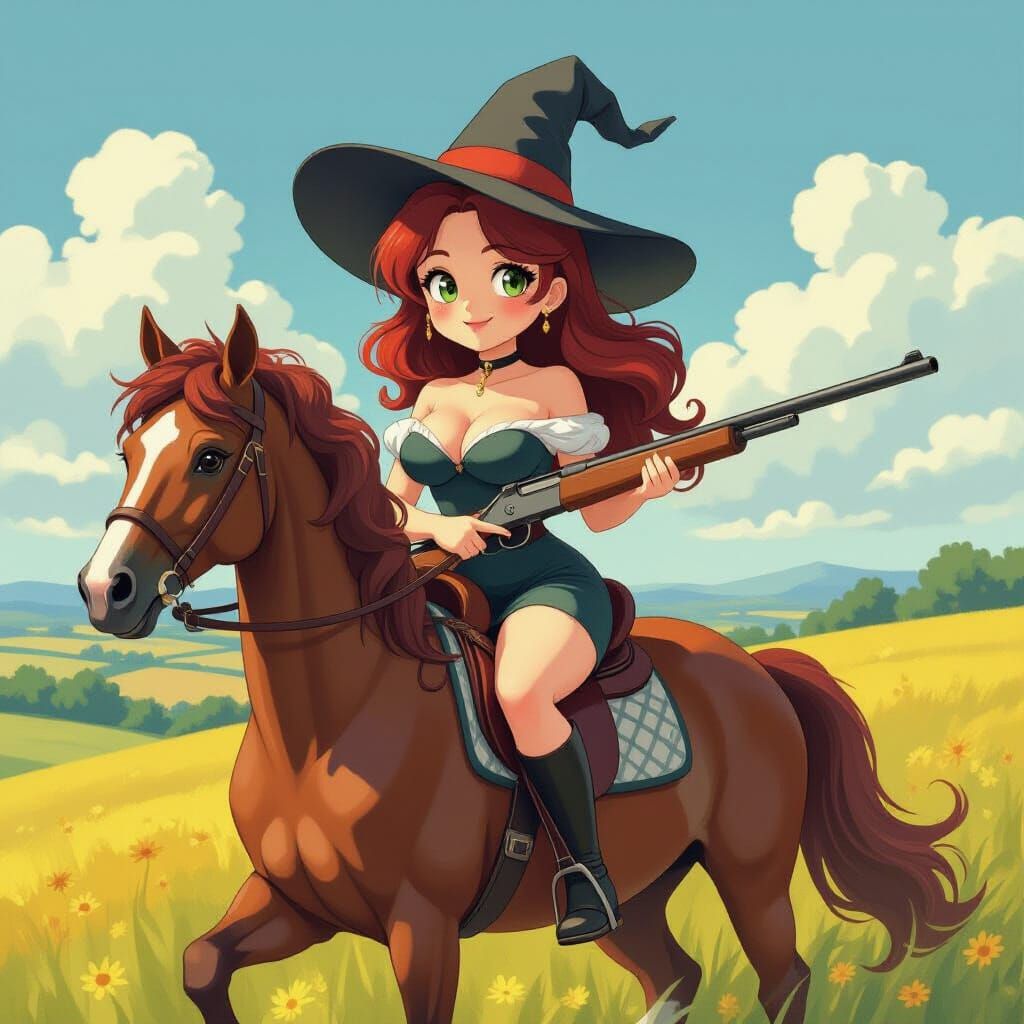 Anime Witch Riding Horse with Rifle in Gouache Style