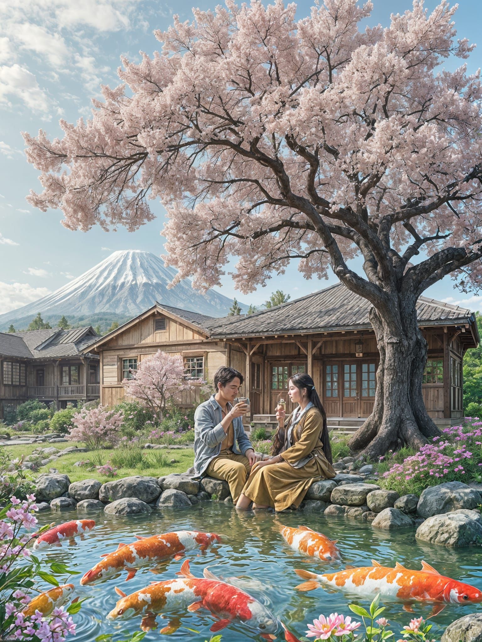 Peaceful Rural Scene with Sakura and Mount Fuji