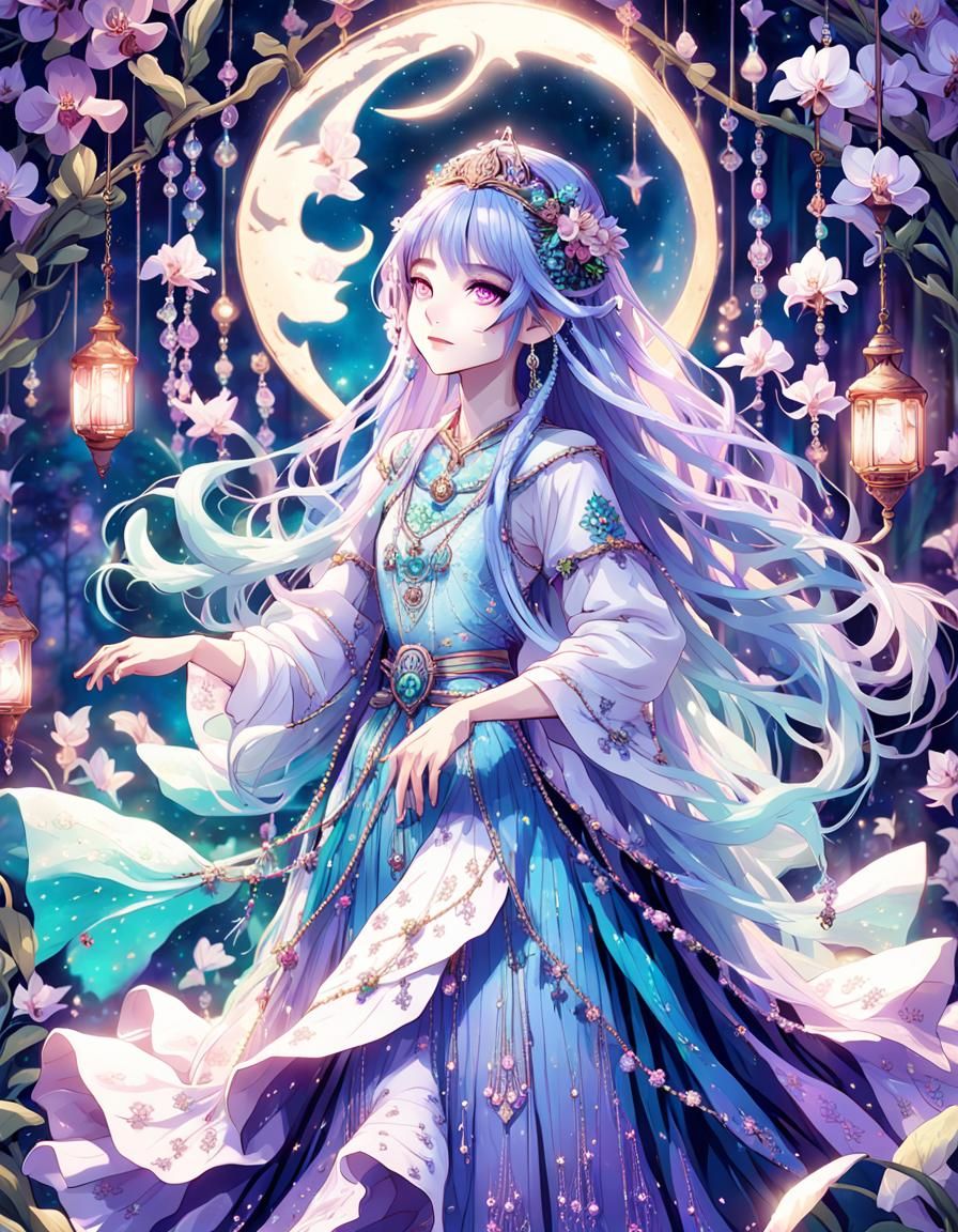 Moon Princess Dancing in Mystical Lamp Garden