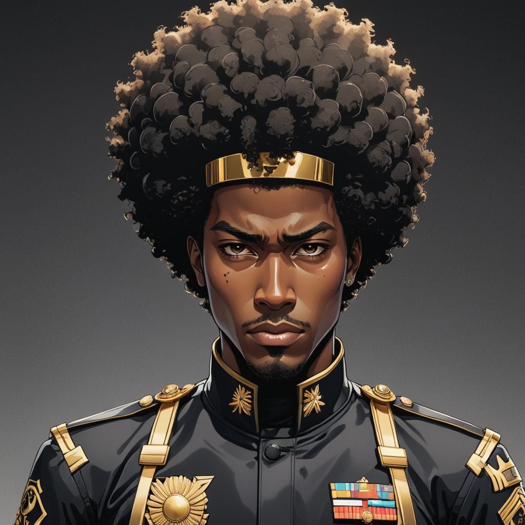 Anime Black Military Man with Afro in Manga Style