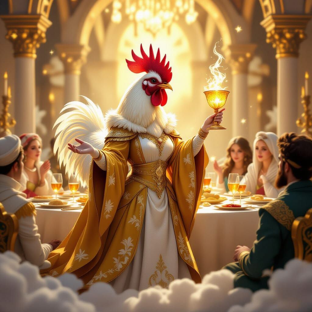 Regal Hen Hosts Celestial Banquet in Watercolor Style