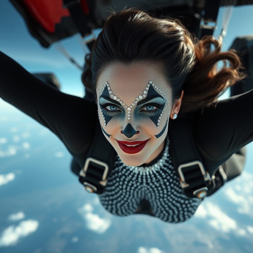 Skydiving Woman in Clown Makeup, Cinematic Fine Art