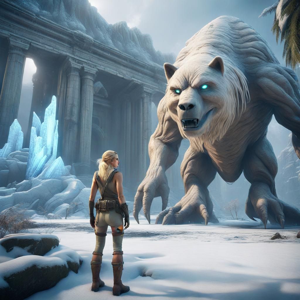 Archeologist and Alien Creature in Frozen Jungle